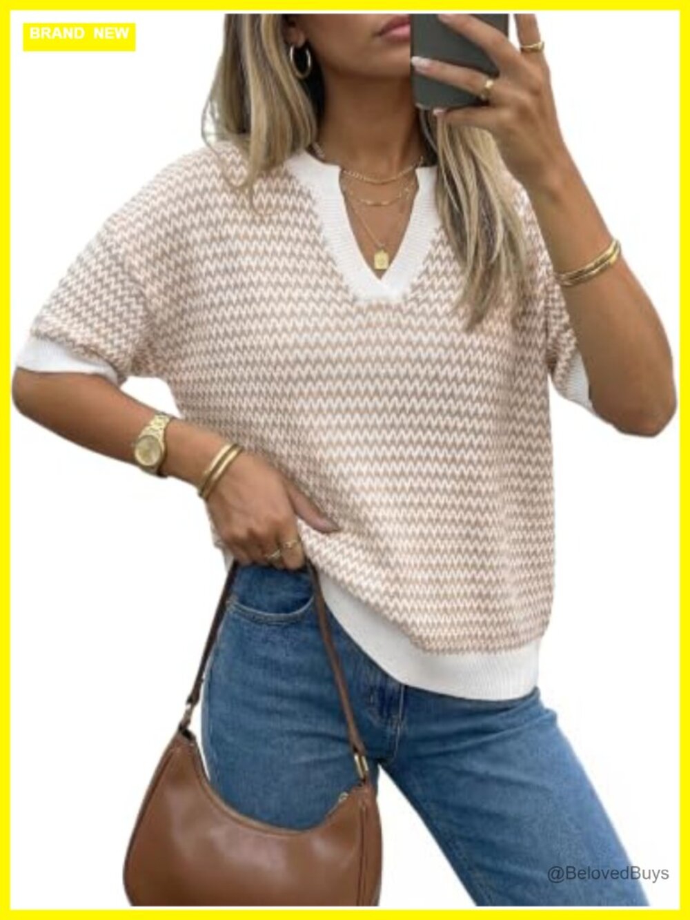Striped Short Sleeve V-Neck Pullover Sweater Work Casual